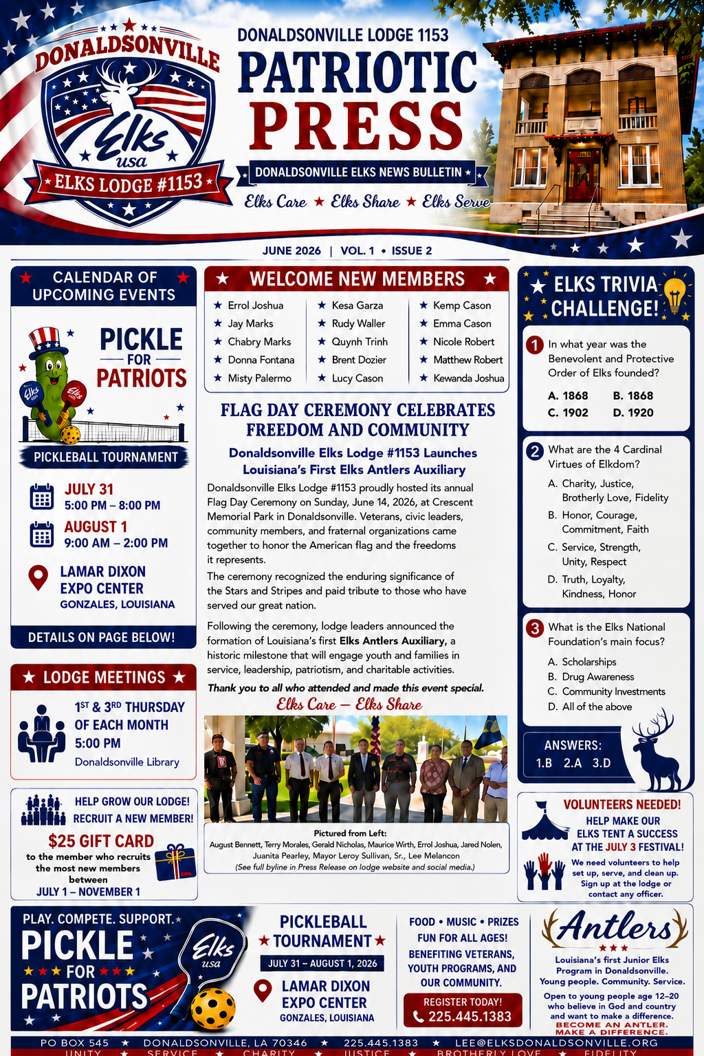 Donaldsonville Elks Patriotic Press newsletter
